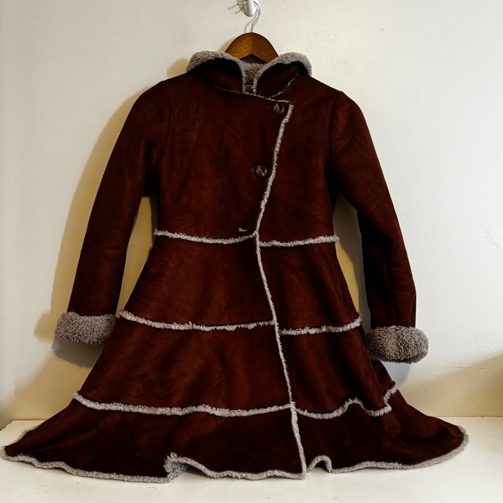 Widgeon Womens 12 Brown Faux Suede Fur Lined Tiered Hooded Coat Penny Lane Fall